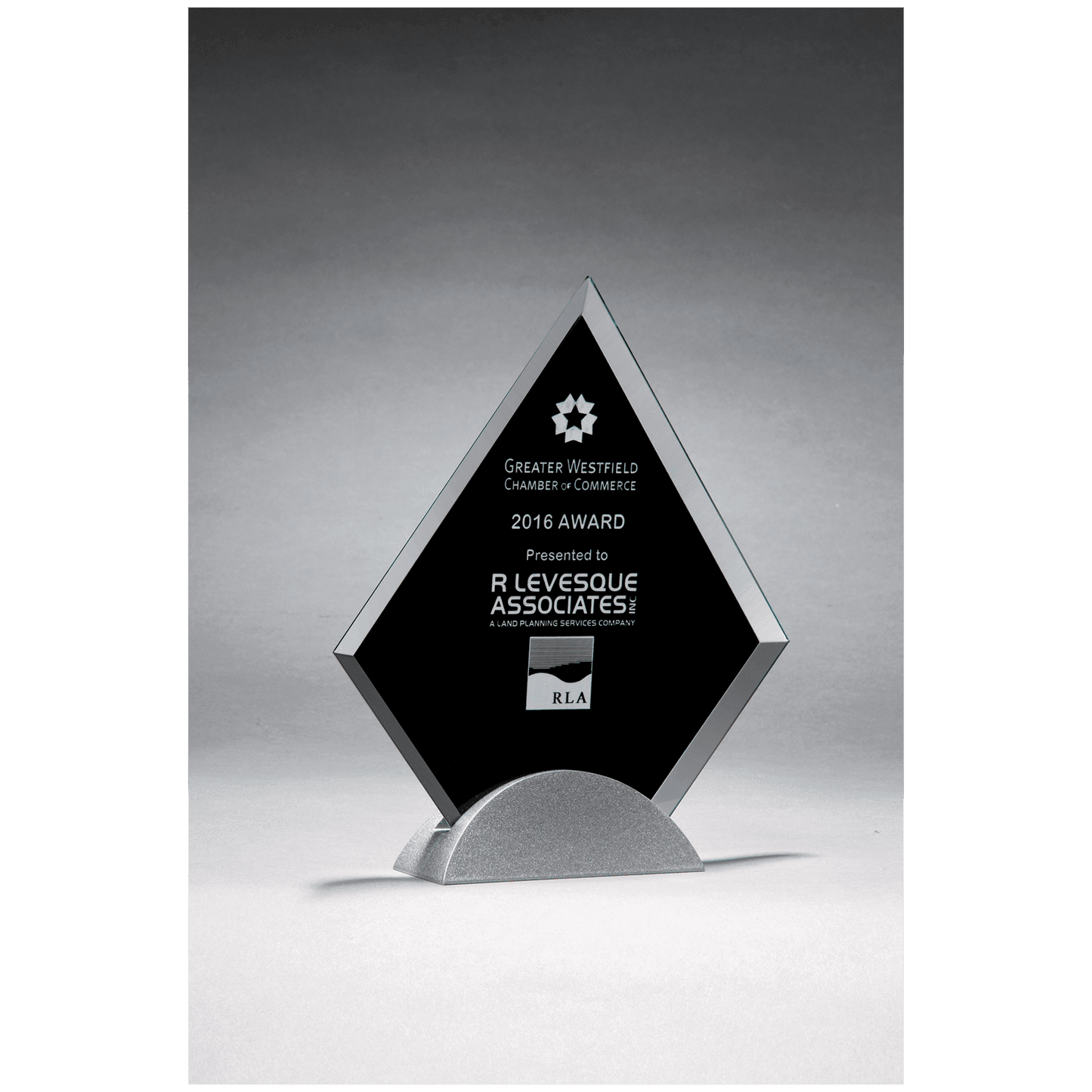 8" x 9" Diamond Shaped Glass Award, Black Silkscreen on Silver Metal Base