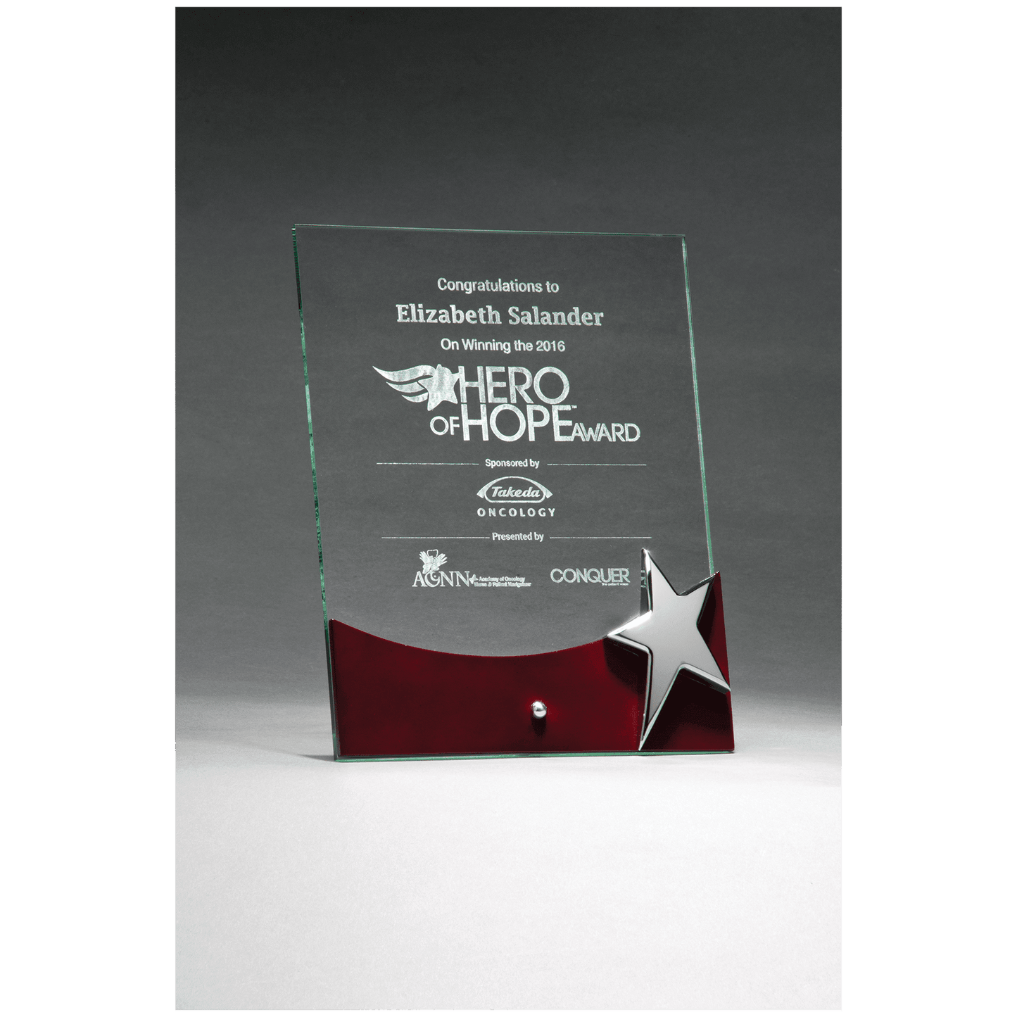 8" x 10" Freestanding Glass Award with High Gloss Rosewood Accent and Silver Star