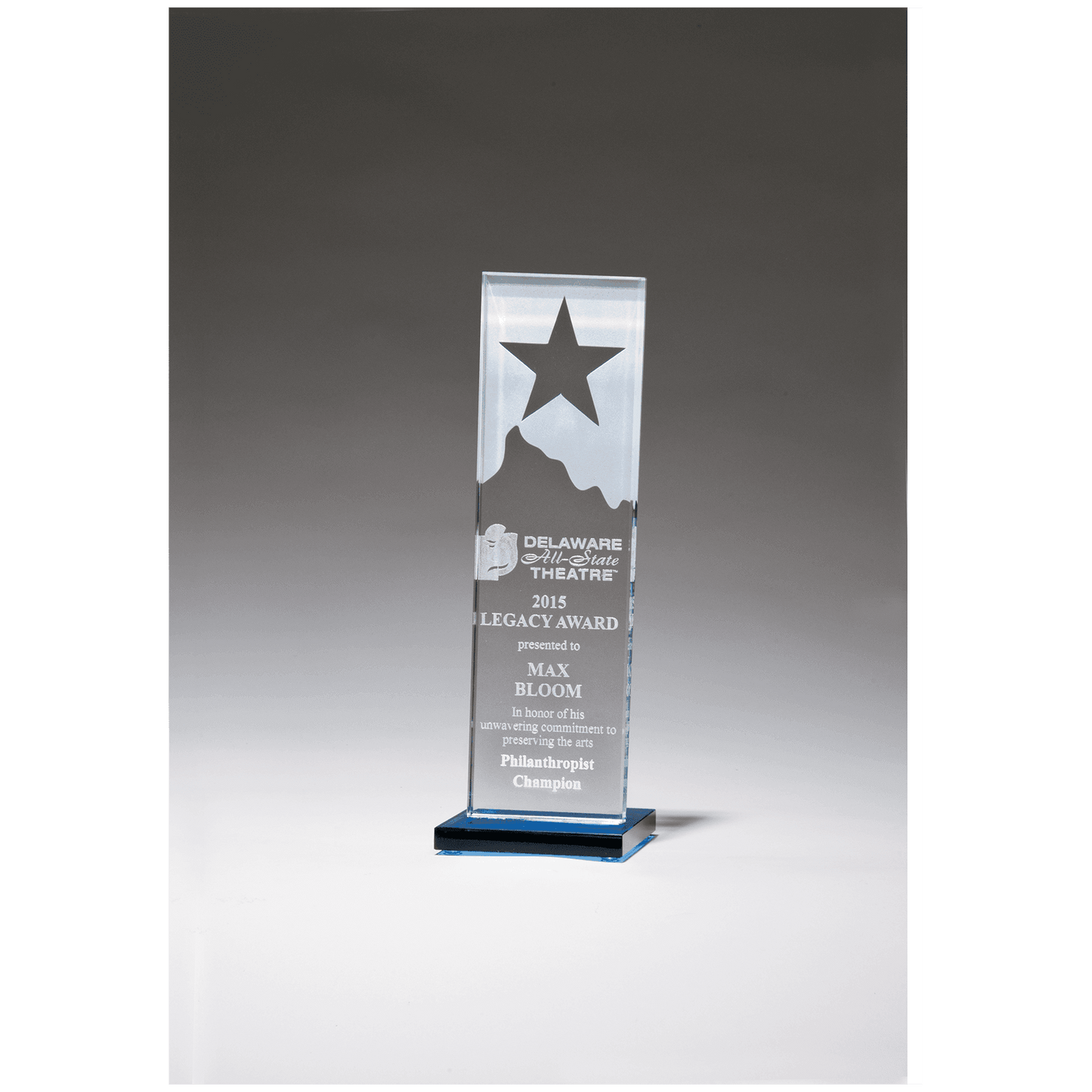 3 1/8" x 9 1/4" Etched Clear Glass Award with Star and Mountain Peak on    Blue Glass Base