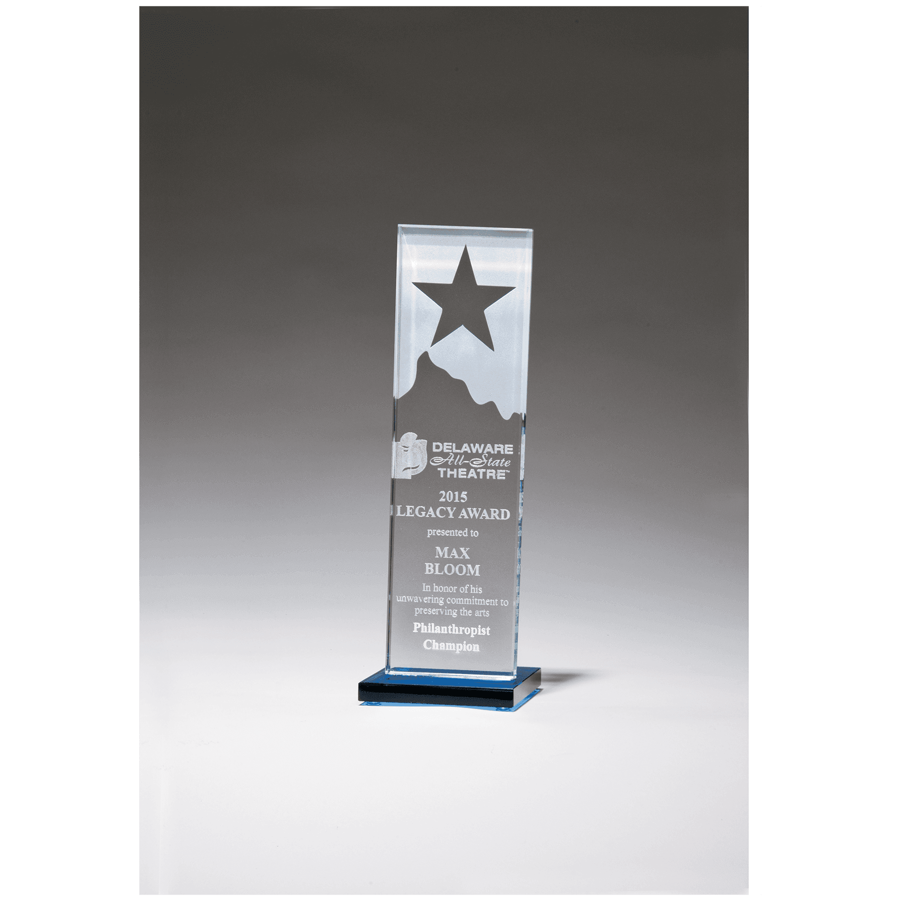 3 1/8" x 9 1/4" Etched Clear Glass Award with Star and Mountain Peak on    Blue Glass Base