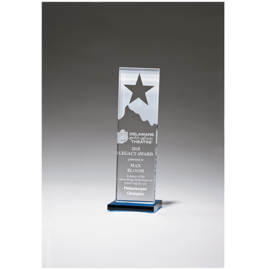 3 1/8" x 9 1/4" Etched Clear Glass Award with Star and Mountain Peak on    Blue Glass Base