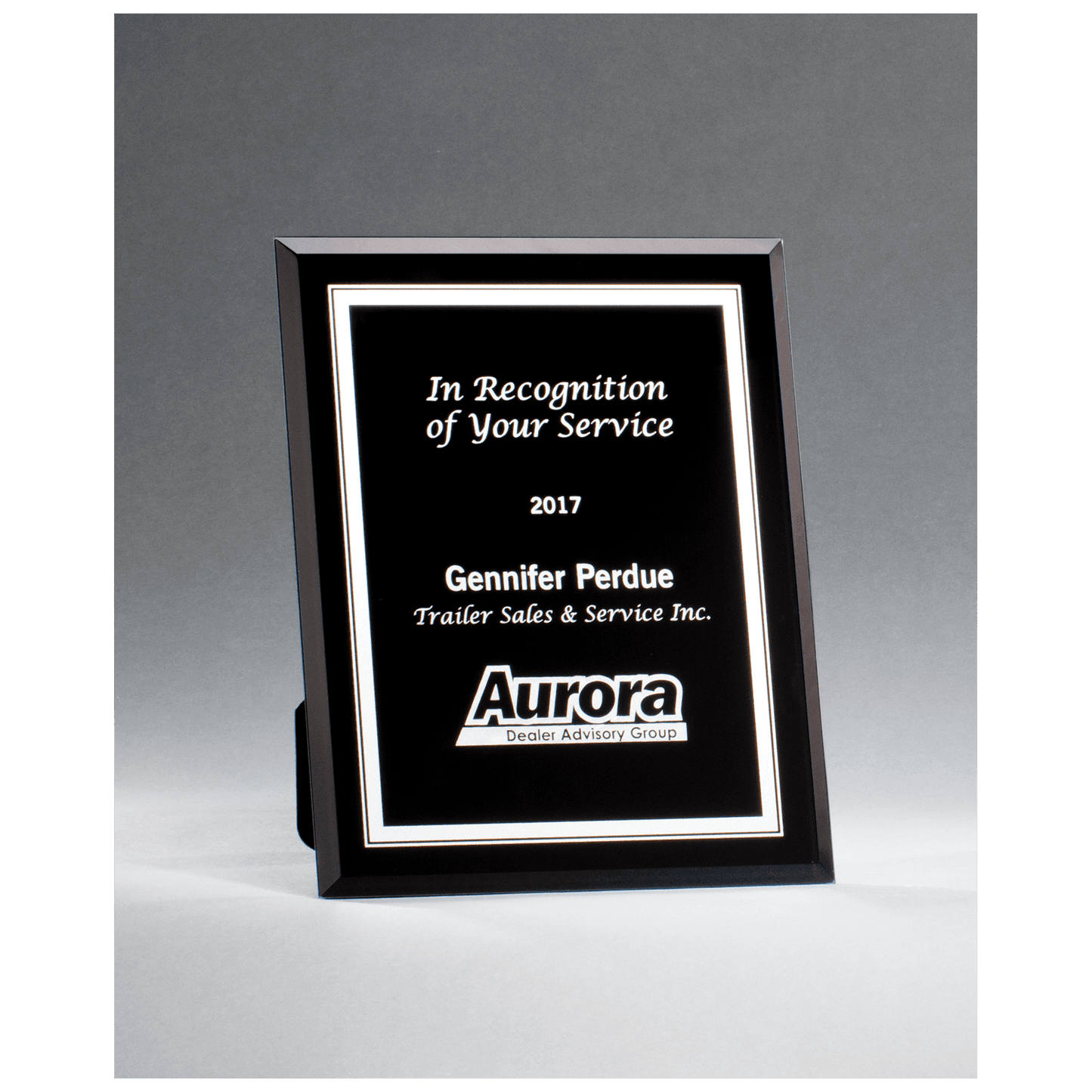 Black Glass Plaque with Silver 7" x 9" Border and Easel Back