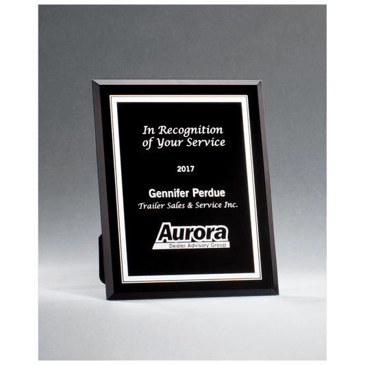 Black Glass Plaque with Silver 7" x 9" Border and Easel Back