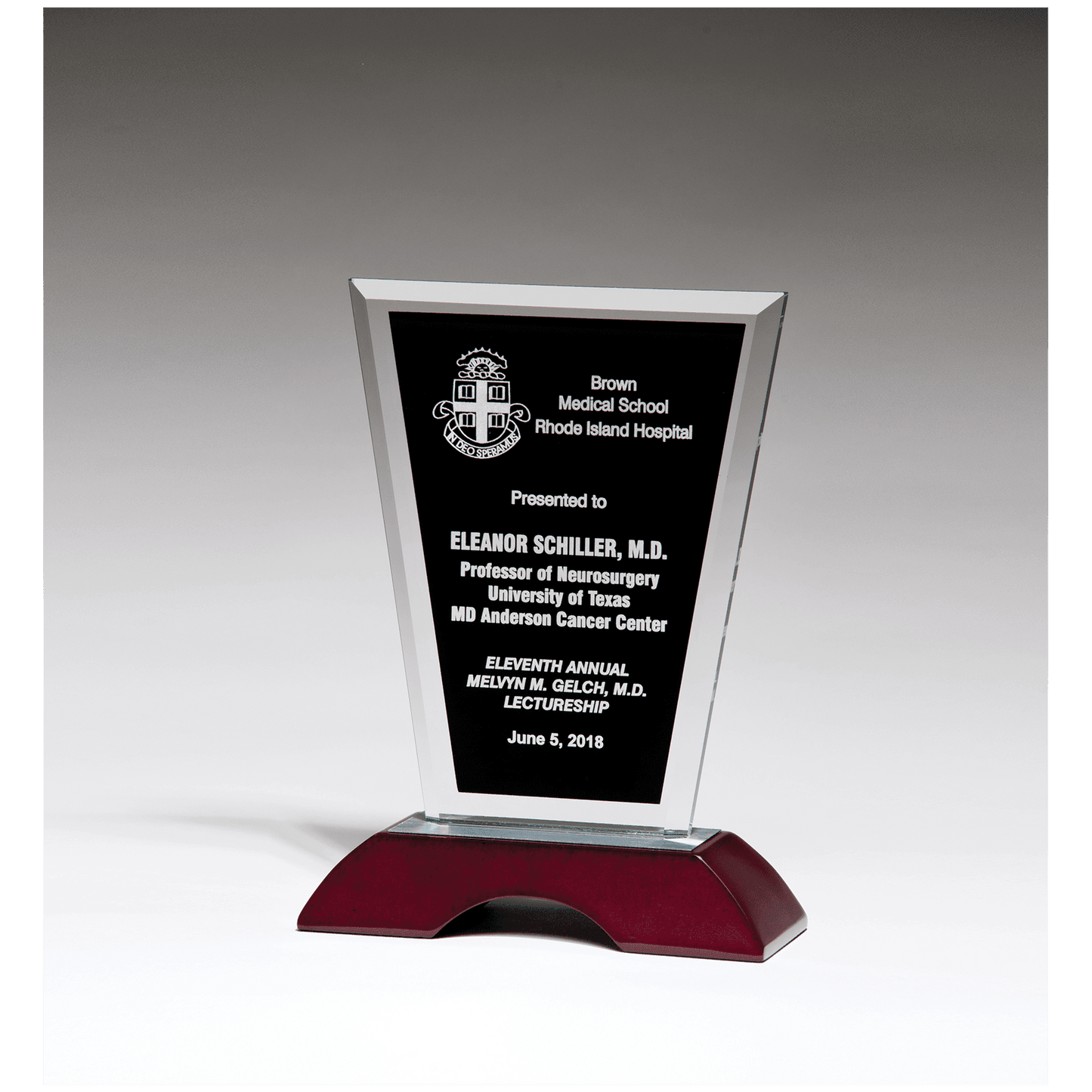 6" x 10" Black Silkscreened Clear Glass with High Gloss Rosewood Base