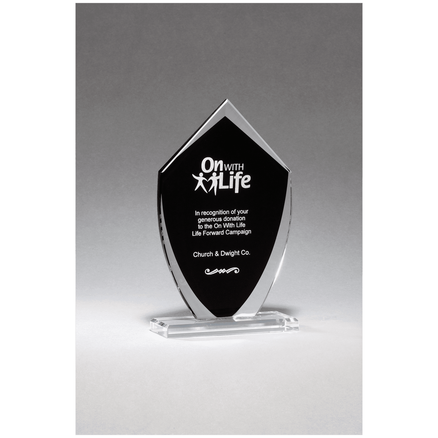 4 1/4" x 7 1/4" Shield Shaped Glass Award with Black Silkscreened Center