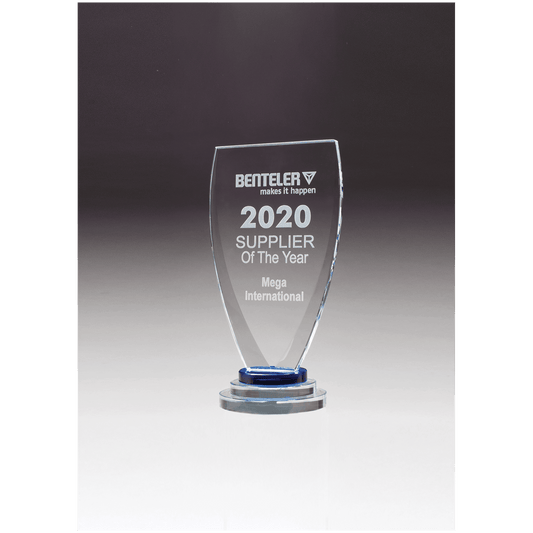 5" x 9 1/4" Chalice Series Sapphire Glass Award with Blue and Clear Glass Pedestal Base