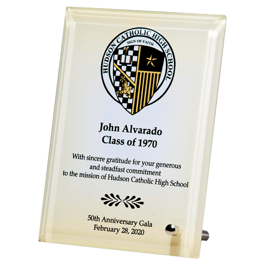 5" x 7" Sublimated Glass Plaque with Silver Post for Portrait or Landscape Prsentation