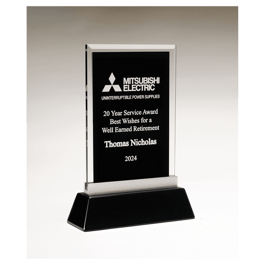 5 1/4" x 8 7/8" Rectangular Black Silkscreened Glass Award with Black Piano Finish Base