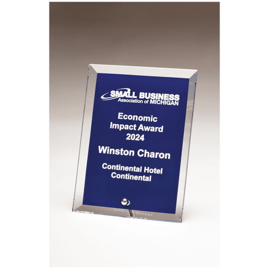 4" x 6" Clear Glass Plaque with Painted Blue Background,                   Silver Plated Easel Post