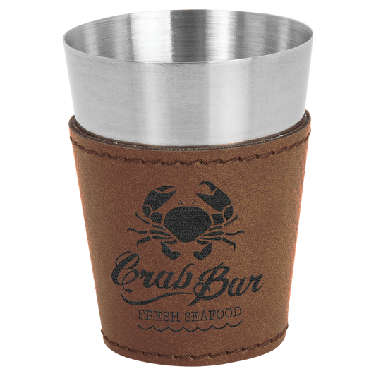 2 oz. Dark Brown Laserable Leatherette & Stainless Steel Shot Glass