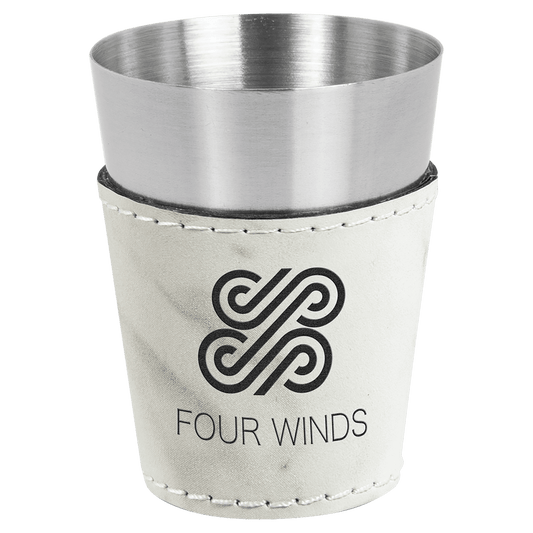 2 oz. White Marble Laserable Leatherette & Stainless Steel Shot Glass