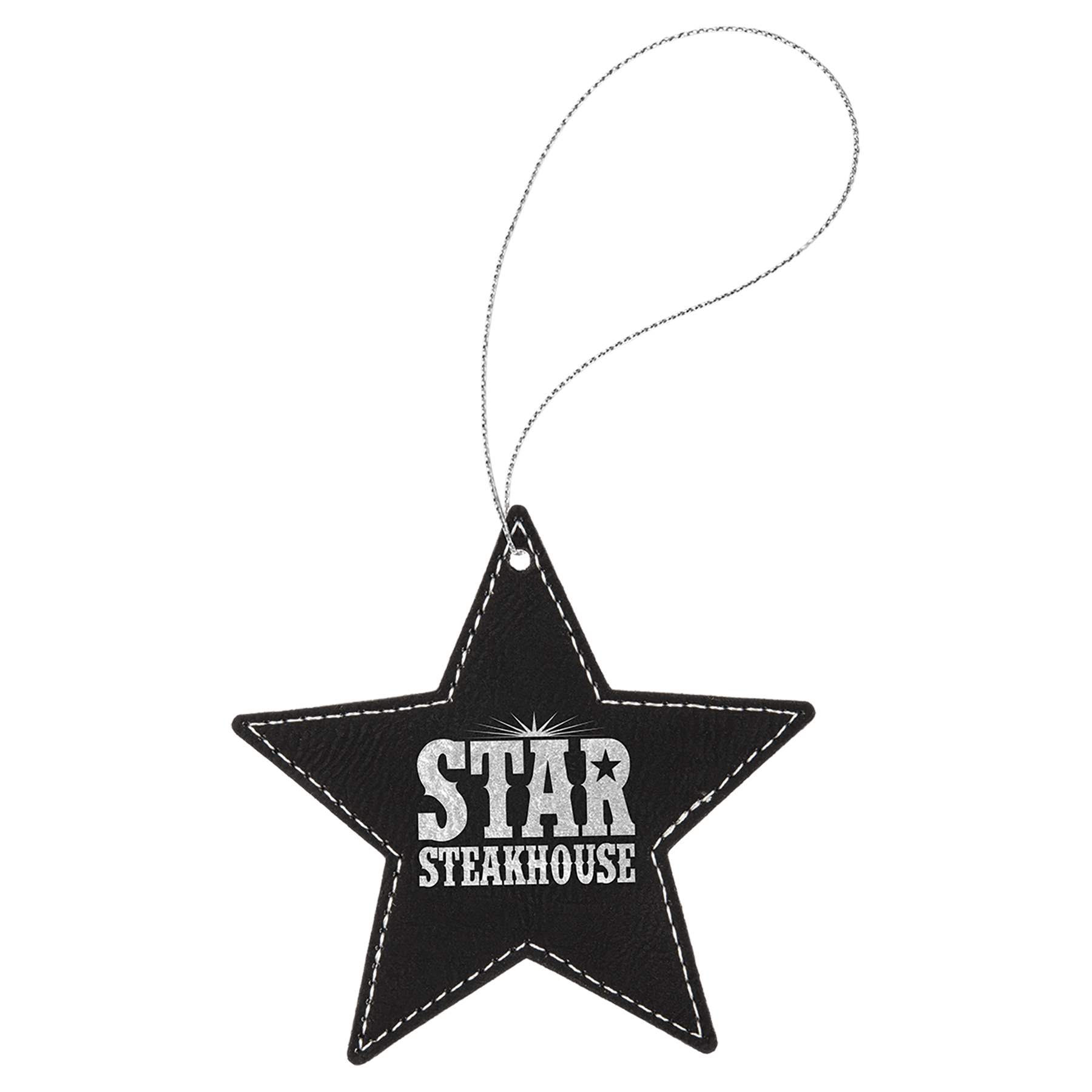 Black/Silver Laserable Leatherette Star Ornament with Silver String