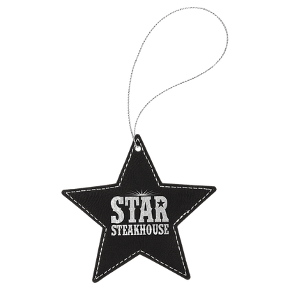 Black/Silver Laserable Leatherette Star Ornament with Silver String