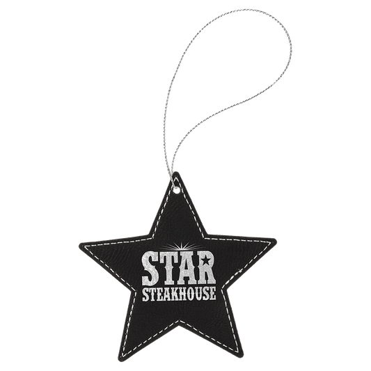 Black/Silver Laserable Leatherette Star Ornament with Silver String