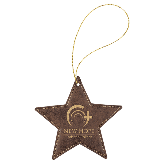 Rustic/Gold Laserable Leatherette Star Ornament with Gold String