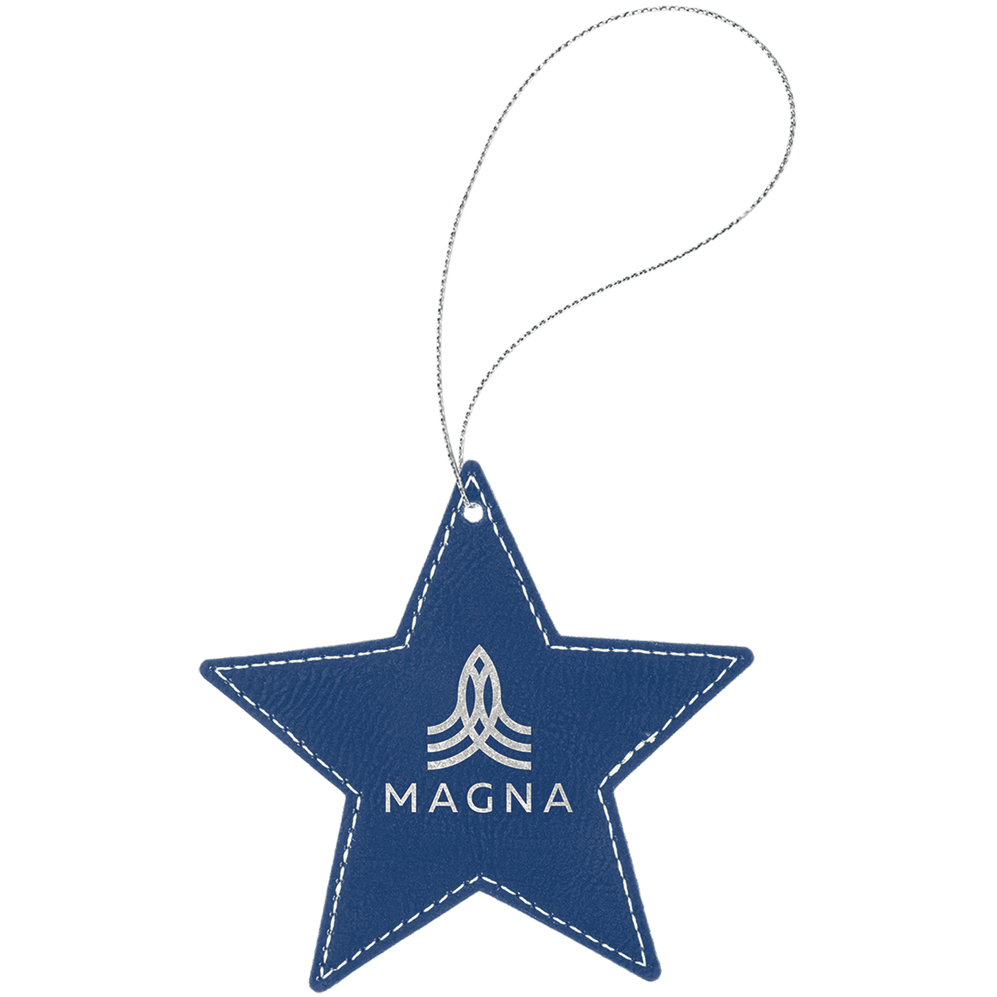 Blue/Silver Laserable Leatherette Star Ornament with Silver String