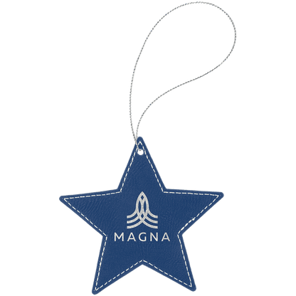 Blue/Silver Laserable Leatherette Star Ornament with Silver String