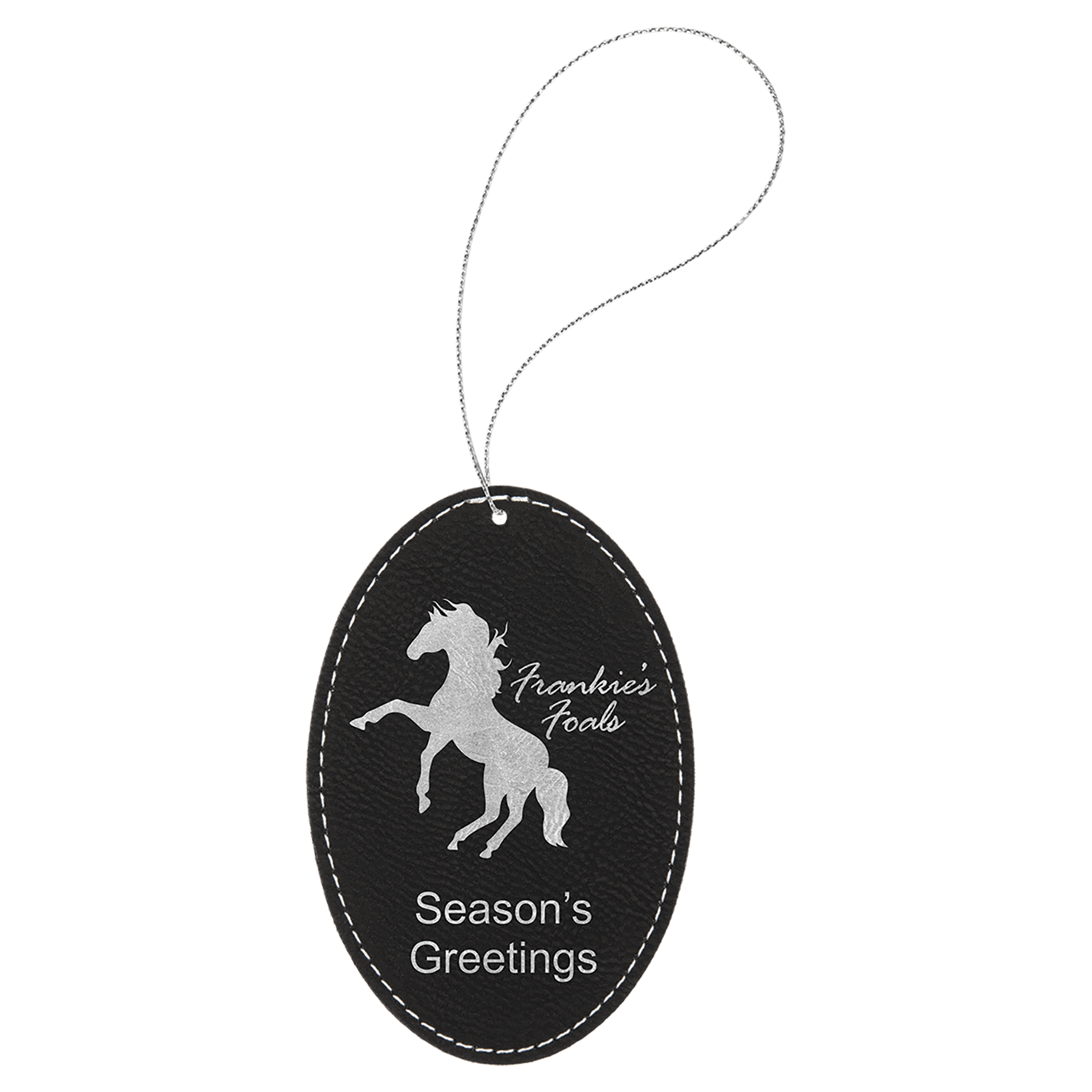 Black/Silver Laserable Leatherette Oval Ornament with Silver String