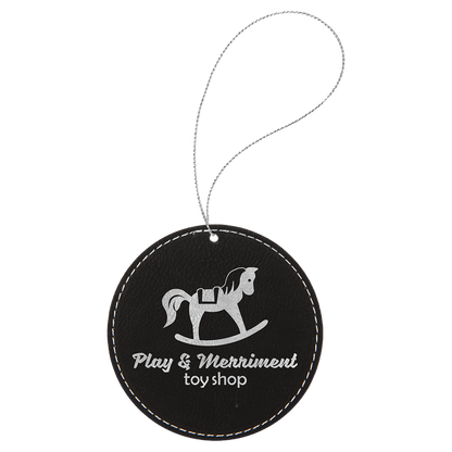 Black/Silver Laserable Leatherette Round Ornament with Silver String