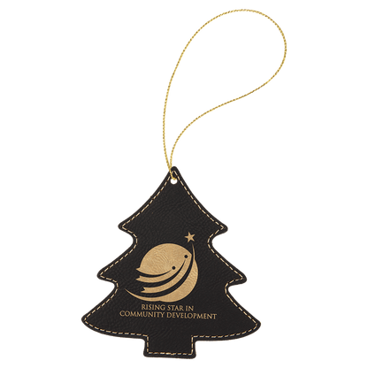 Black/Gold Laserable Leatherette Tree Ornament with Gold String