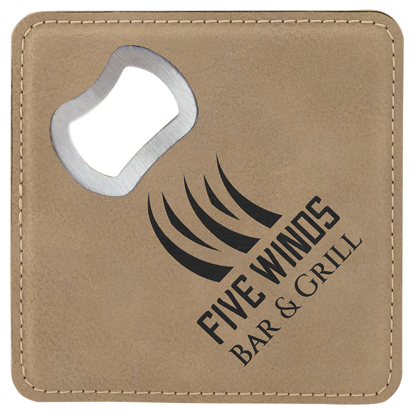Light Brown 4" x 4" Square Laserable Leatherette Coaster with Bottle Opener