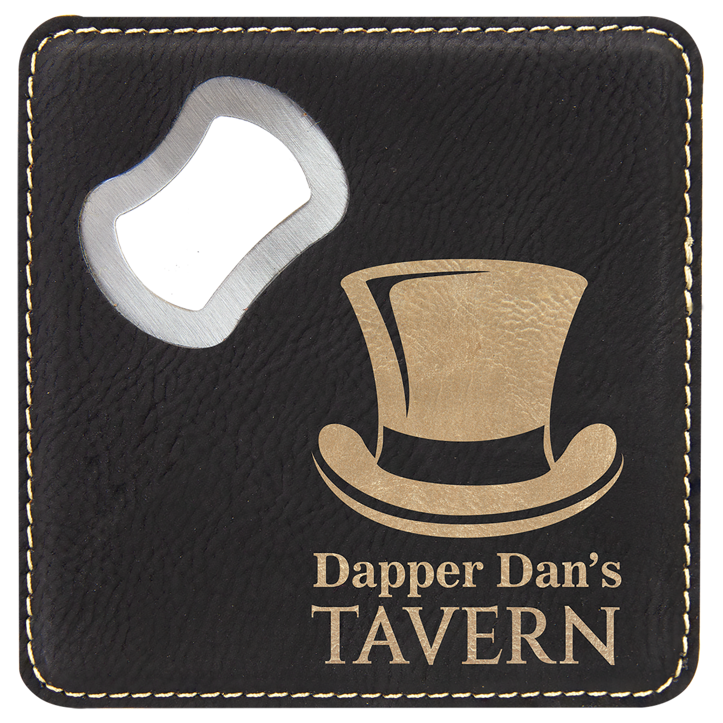 Black/Gold 4" x 4" Square Laserable Leatherette Coaster with Bottle Opener