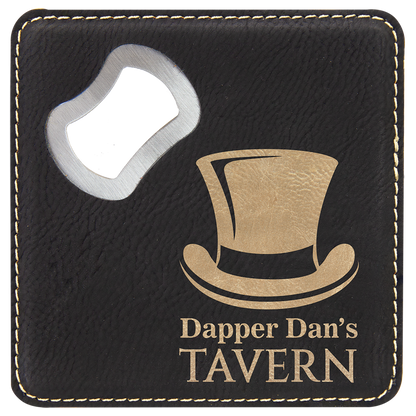 Black/Gold 4" x 4" Square Laserable Leatherette Coaster with Bottle Opener