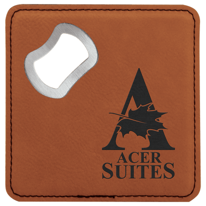 Rawhide 4" x 4" Square Laserable Leatherette Coaster with Bottle Opener