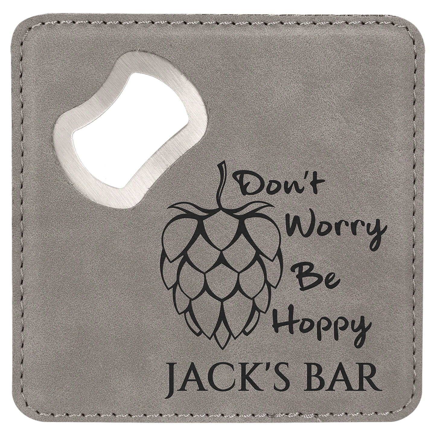 Gray 4" x 4" Square Laserable Leatherette Coaster with Bottle Opener