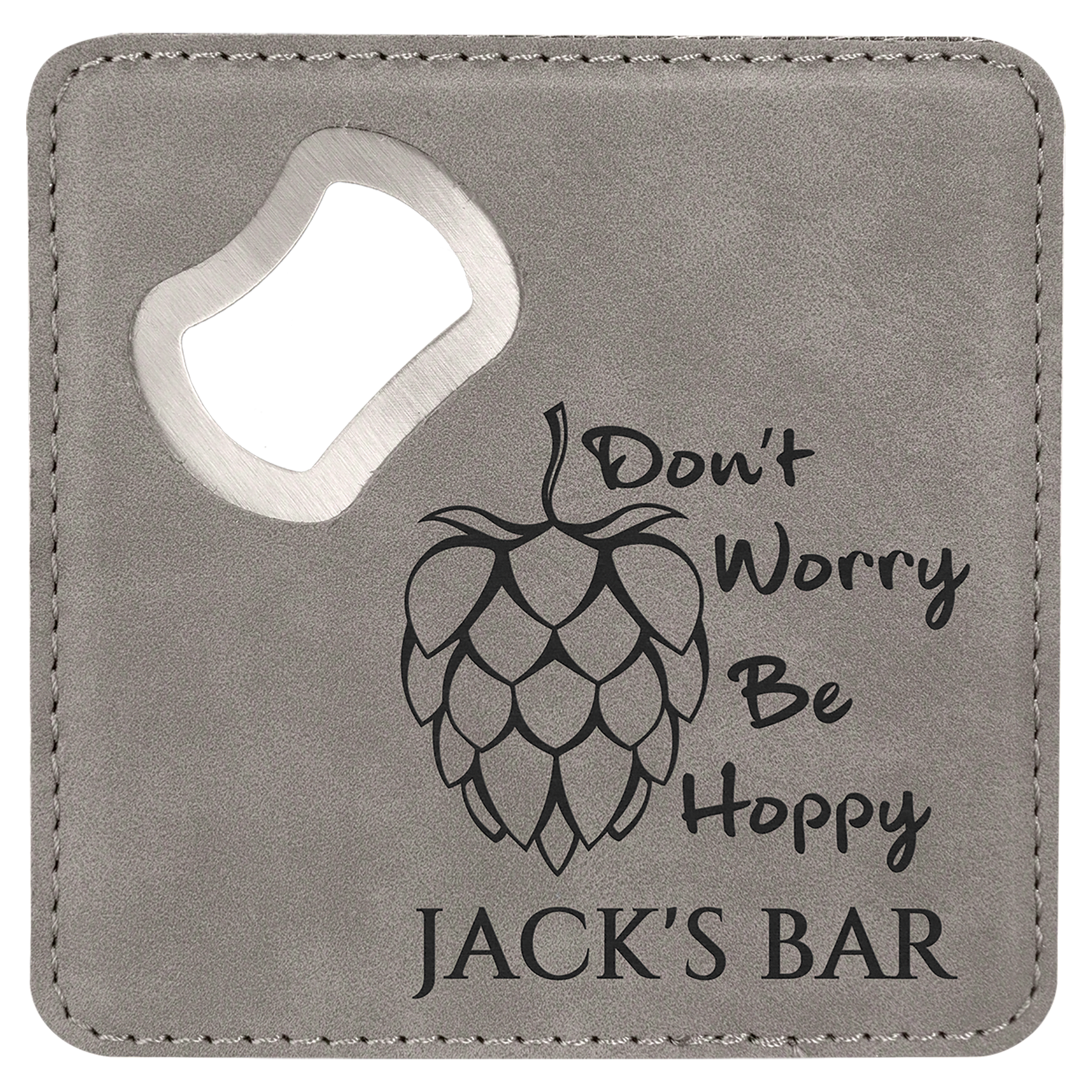 Gray 4" x 4" Square Laserable Leatherette Coaster with Bottle Opener