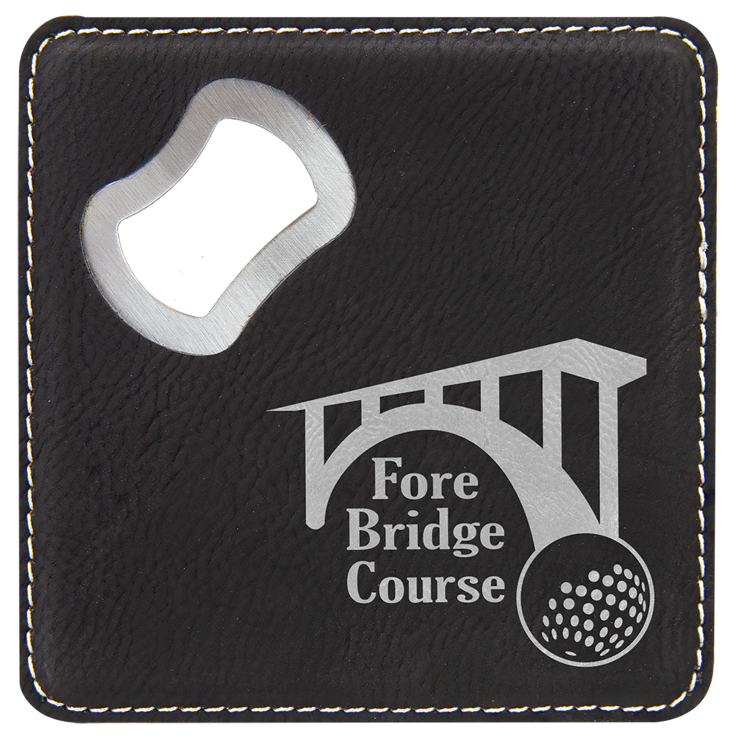 Black/Silver 4" x 4" Square Laserable Leatherette Coaster with Bottle Opener