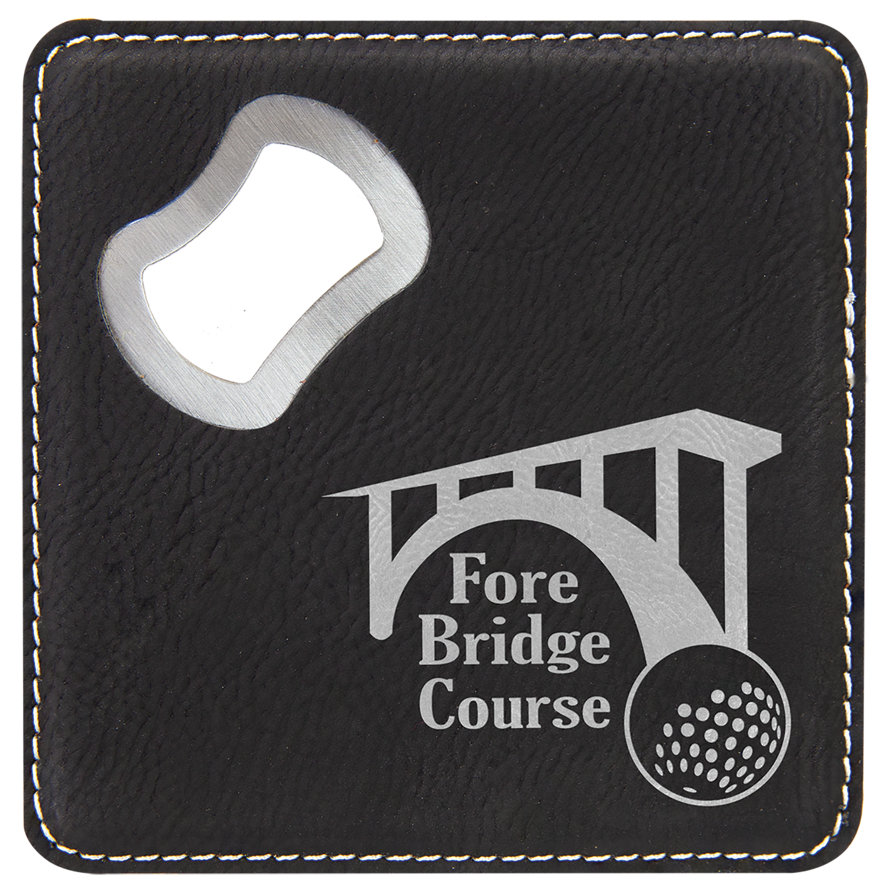 Black/Silver 4" x 4" Square Laserable Leatherette Coaster with Bottle Opener