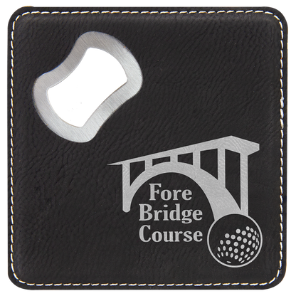 Black/Silver 4" x 4" Square Laserable Leatherette Coaster with Bottle Opener