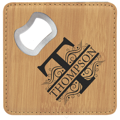 Bamboo 4" x 4" Square Laserable Leatherette Coaster with Bottle Opener