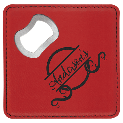 Red 4" x 4" Square Laserable Leatherette Coaster with Bottle Opener