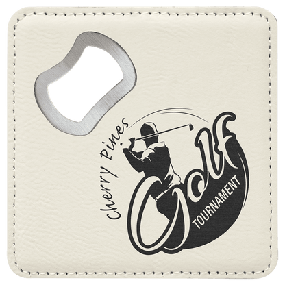 White 4" x 4" Square Laserable Leatherette Coaster with Bottle Opener