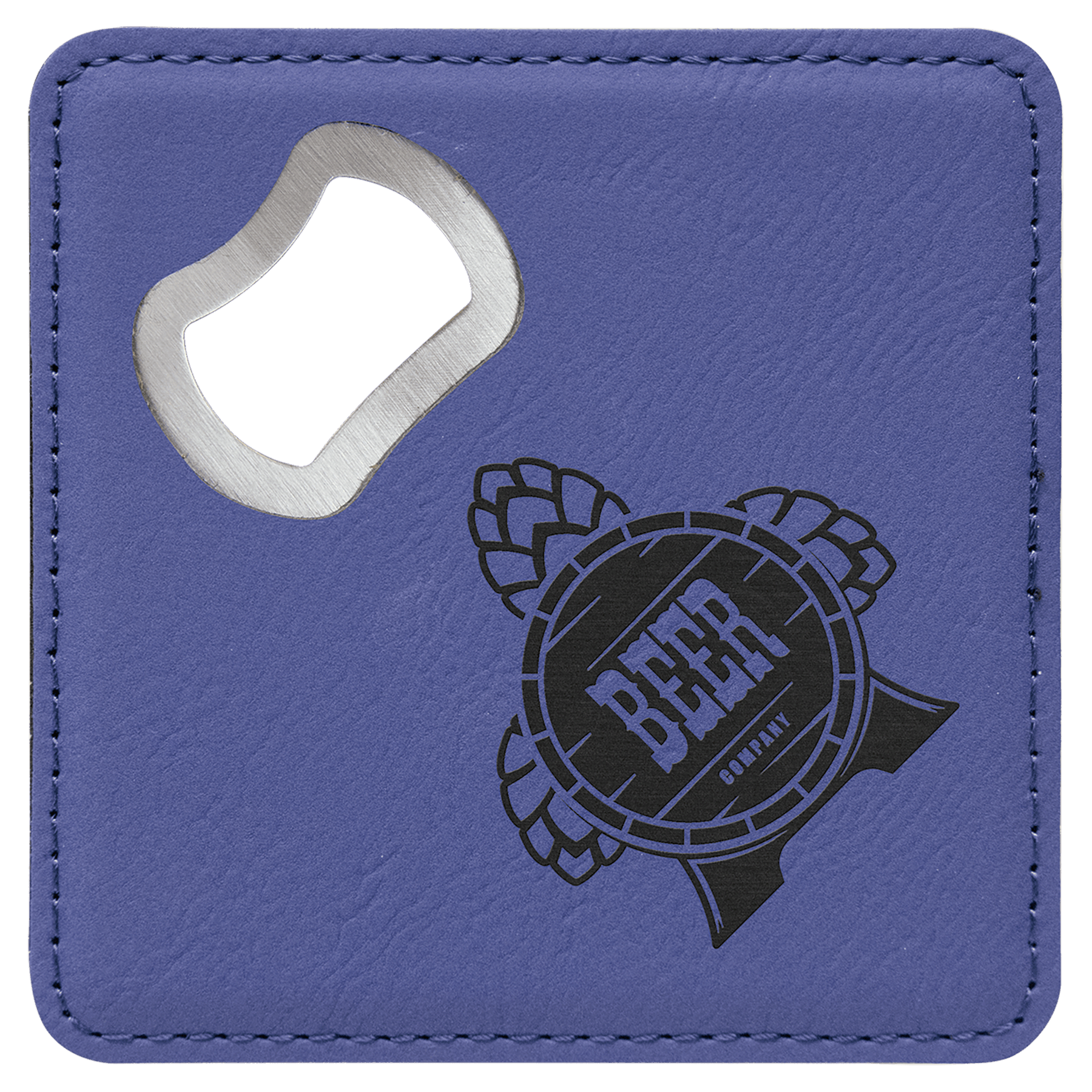 Purple 4" x 4" Square Laserable Leatherette Coaster with Bottle Opener