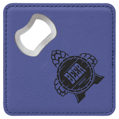Purple 4" x 4" Square Laserable Leatherette Coaster with Bottle Opener