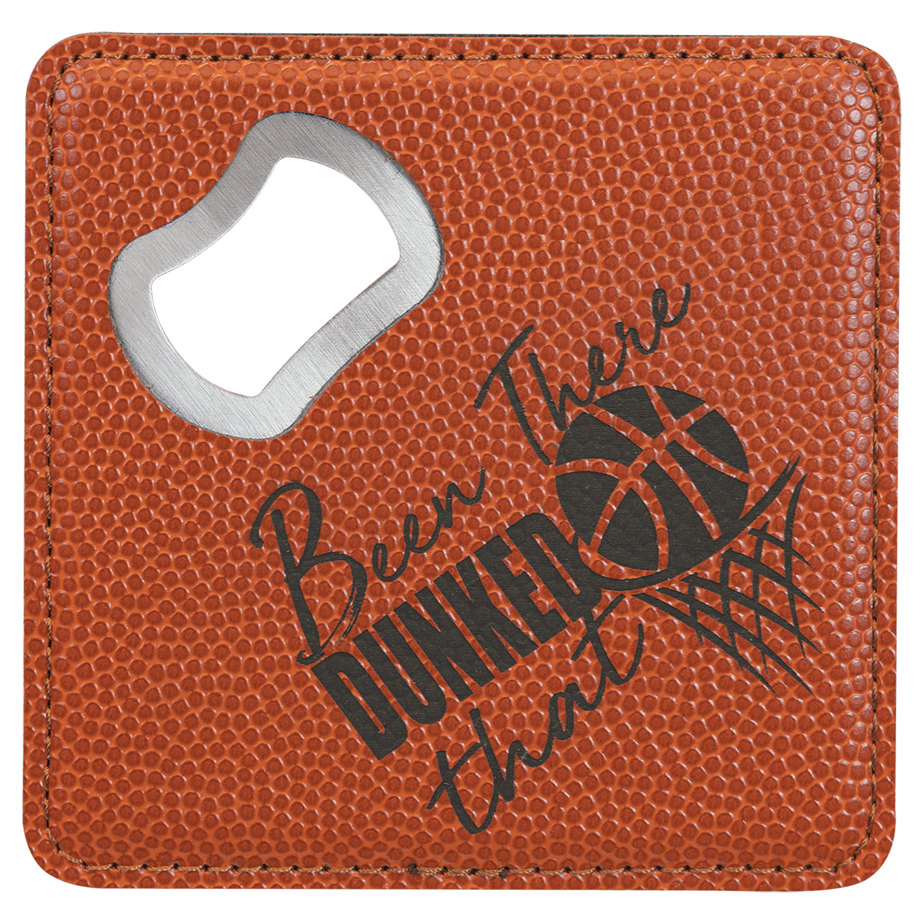 Basketball 4" x 4" Square Laserable Leatherette Coaster with Bottle Opener