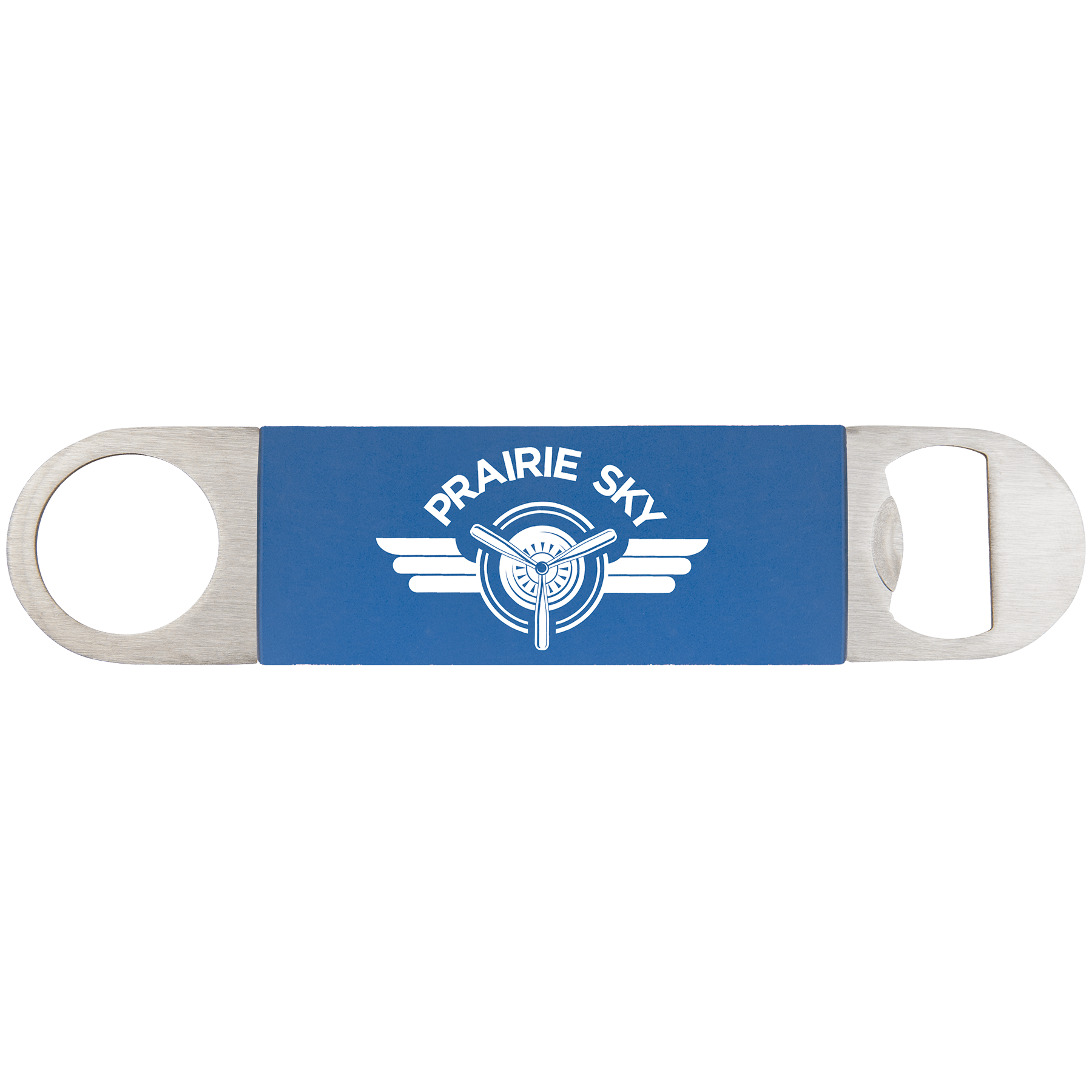Blue White 1 1/2" x 7" Bottle Opener with Silicone Grip
