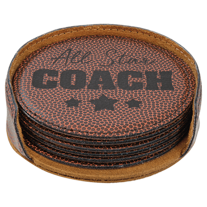Football 4" Round Laserable Leatherette 6-Coaster Set