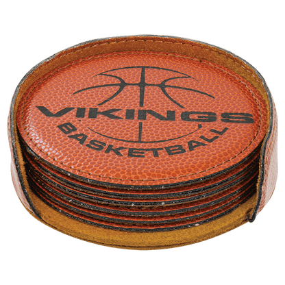 Basketball 4" Round Laserable Leatherette 6-Coaster Set