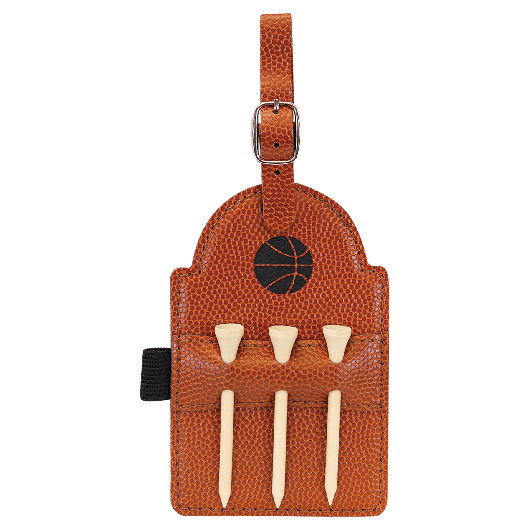 5" x 3 1/4" Basketball Laserable Leatherette Golf Bag Tag with 3 Wooden Tees