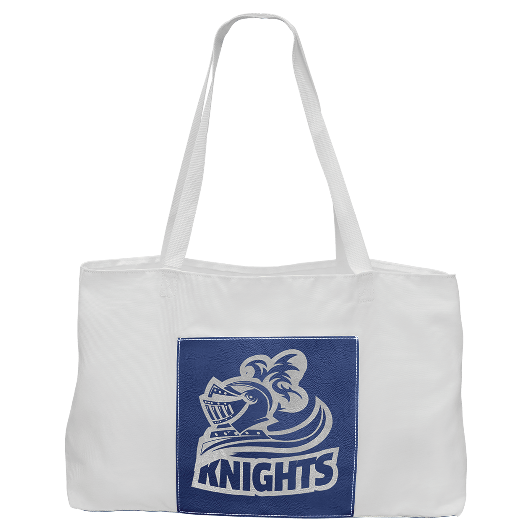 19" x 12" White Bag with 5" Blue/Silver Laserable Leatherette Gusset