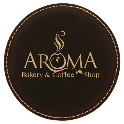 Black/Gold 4" Round Laserable Leatherette Coaster