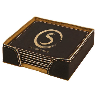 Black/Gold 4" x 4" Square Laserable Leatherette 6-Coaster Set