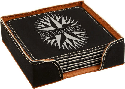Black/Silver 4" x 4" Square Laserable Leatherette 6-Coaster Set