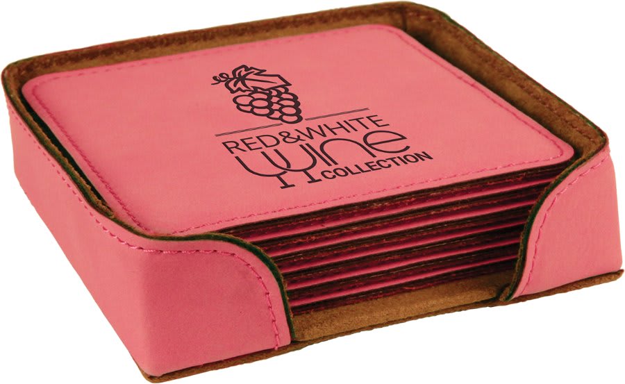 Pink 4" x 4" Square Laserable Leatherette 6-Coaster Set
