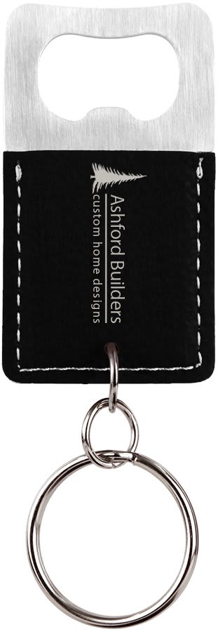 Black/Silver Rectangle Laserable Leatherette Bottle Opener Keychain