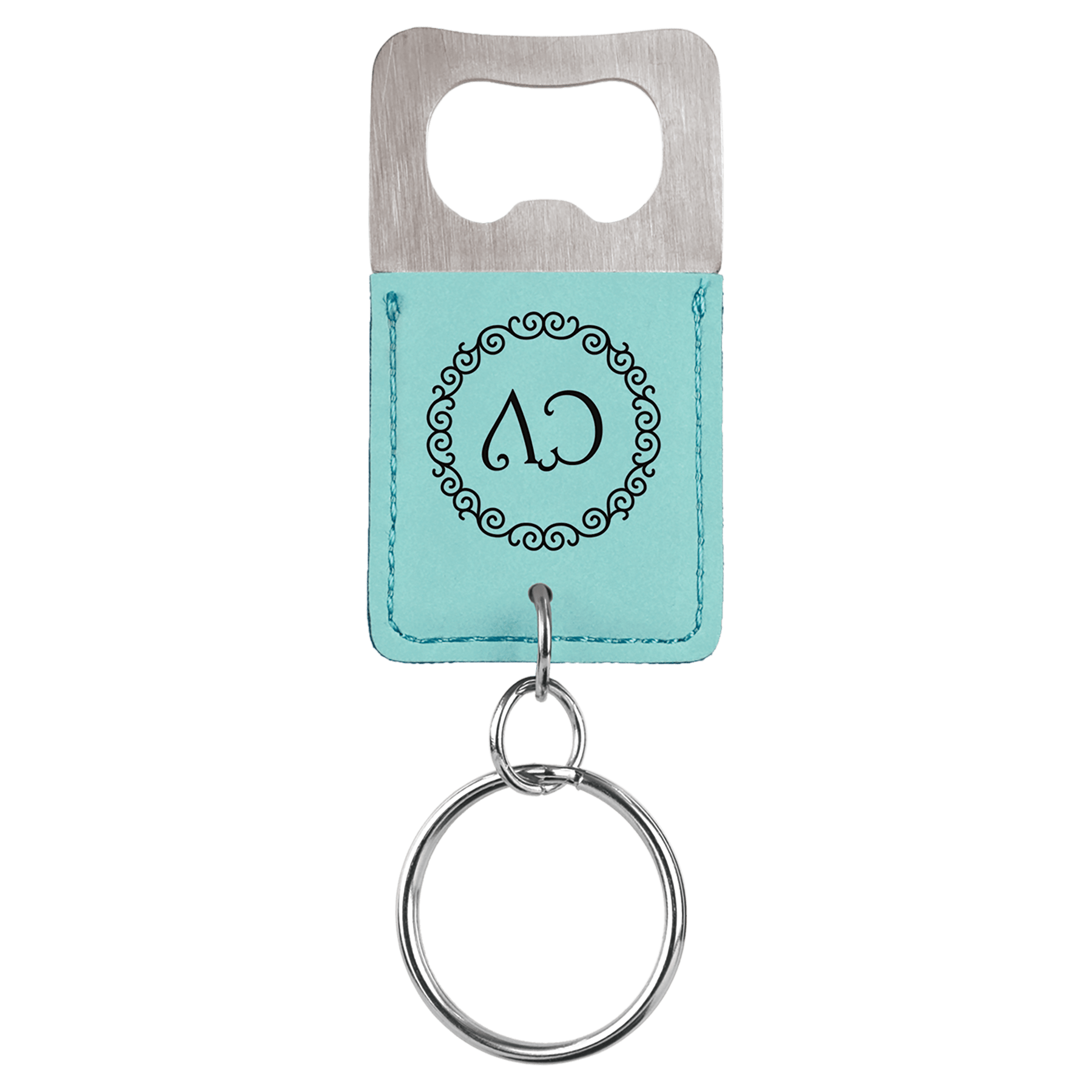 Teal Rectangle Laserable Leatherette Bottle Opener Keychain